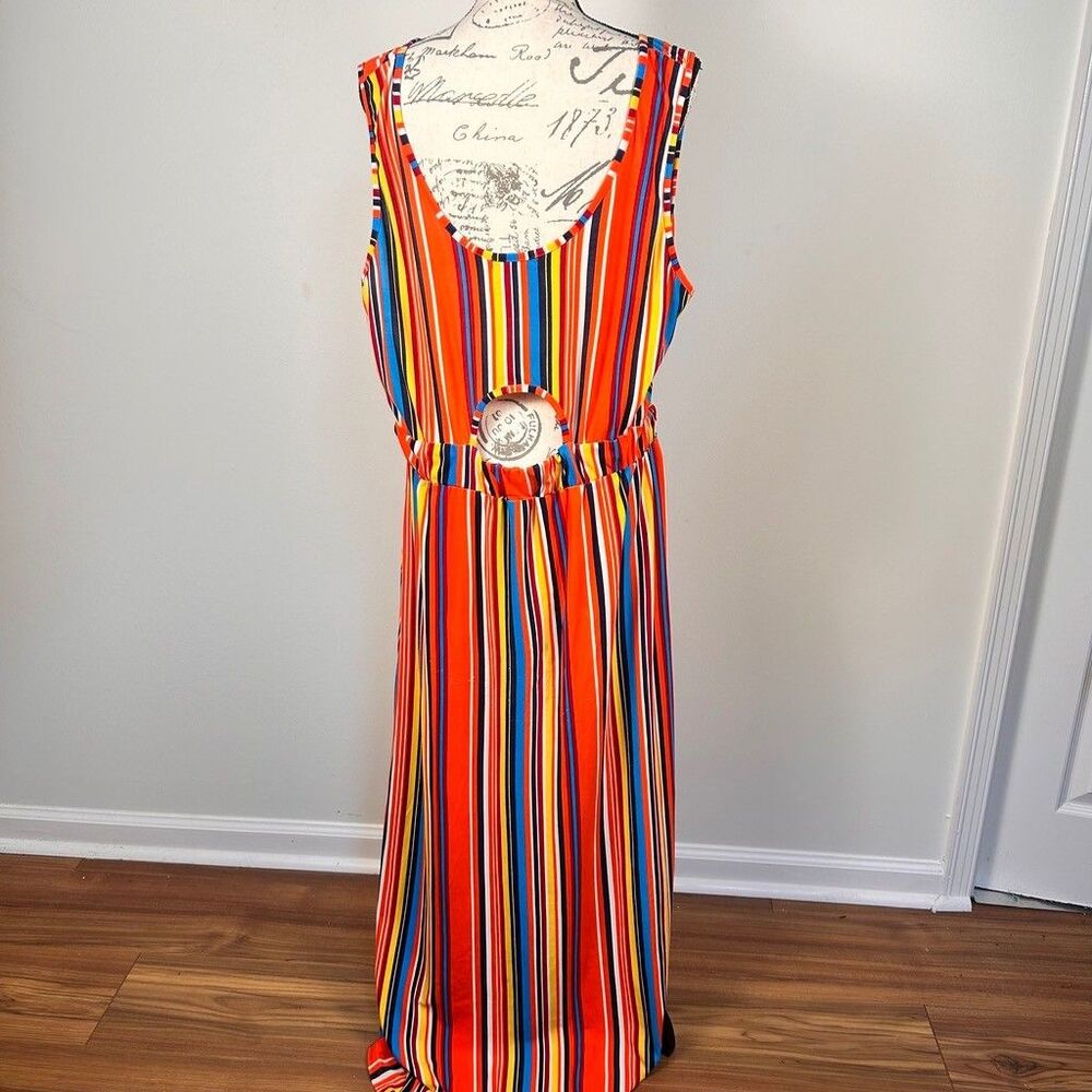Rouge Collection Maxi Dress Womens 2X Multicolor Stripe Cut Out Sides Back Knit - Picture 7 of 12